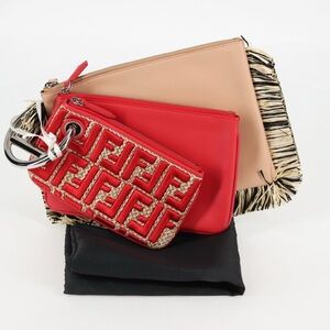 FENDI Zucca Canvas Triplet Clutch Bag Leather Beige Red Silver